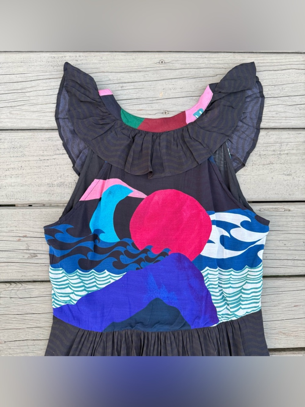 NWT Oliphant Ruffle V-Neck Maxi Dress in Pacifica Waves Print Size M - Picture 9 of 15